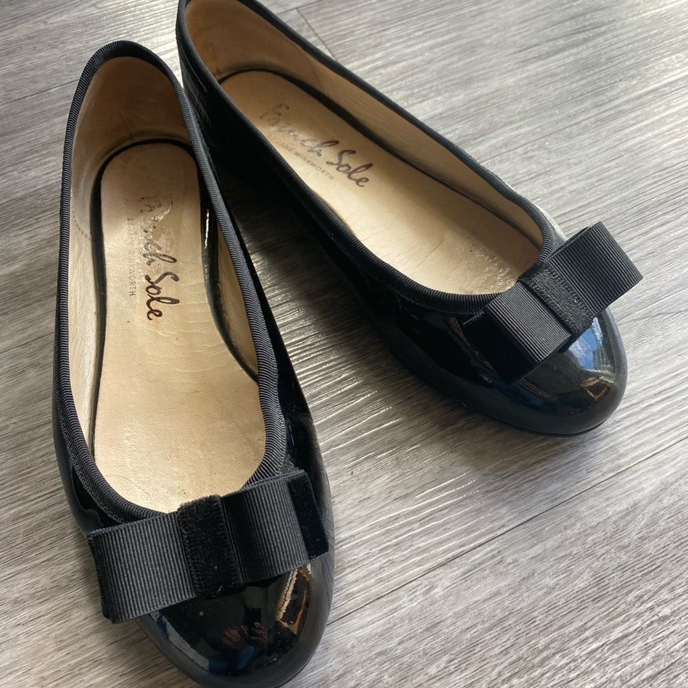 French Sole Black Leather Ballerina Shoe with Ribbon Bow
